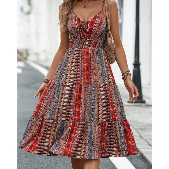 Boho Midi Sundress 1X Tiered Flowy Dress Smocked Adjustable Straps Tribal Print - Picture 1 of 14